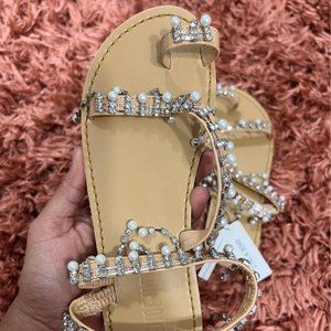 Boho Bling Rhinestone Pearl Flat Gladiator Sandals - NWT